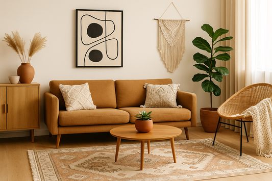 Cozy boho living room filled with natural light, featuring modern home decor and bohemian home decor elements. A neutral-toned sofa layered with boho throw pillows and textured blankets, a woven area rug, macrame wall art, and indoor plants.