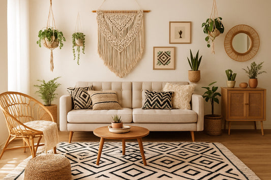 Boho living room styled with cozy home vibes featuring macramé wall art, hanging plants, a beige sofa with geometric throw pillows, a black and cream tribal rug, and rattan furniture—perfect for boho home decor lovers