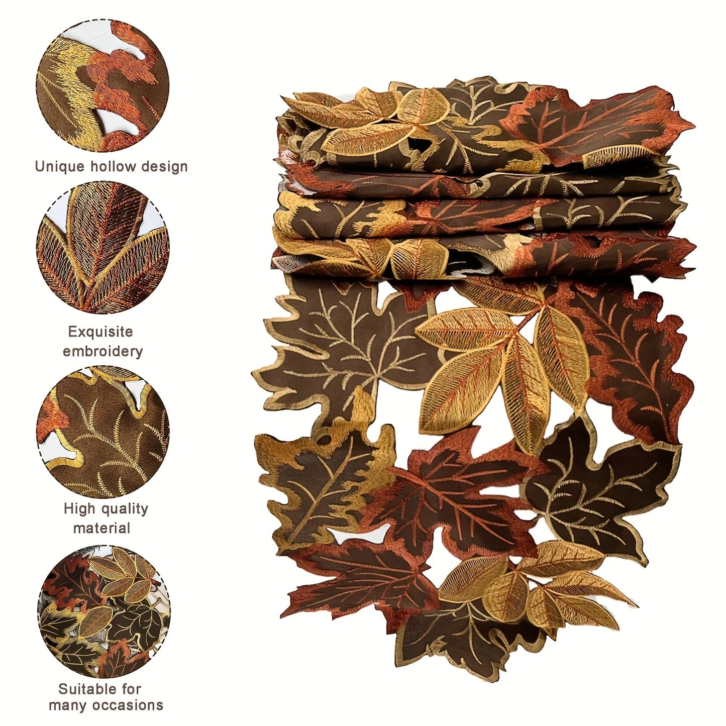 Stack of embroidered fabric with leaf patterns on a white background