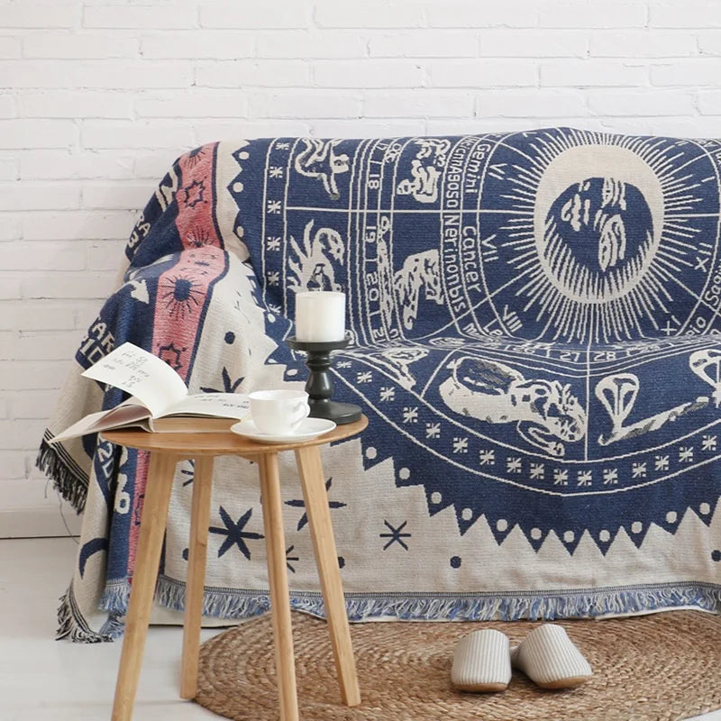Boho Chenille Woven Colorful Aztec Throw Blanket Zodiac