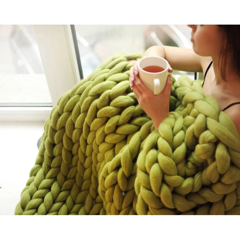 Chunky Knit Merino Wool Blanket – Cozy Boho Home Decor Throw for Sofa & Bed