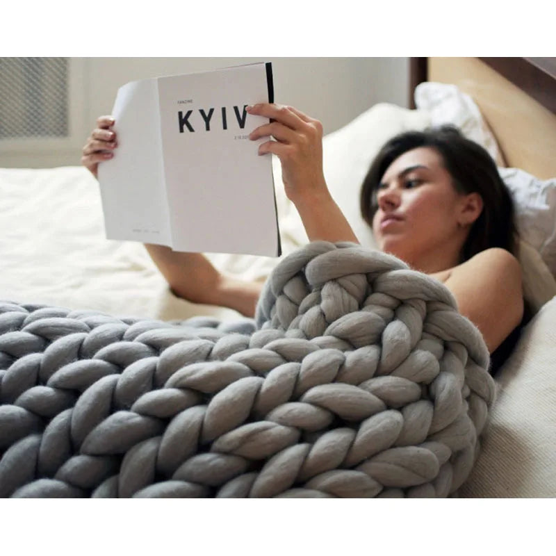 Chunky Knit Merino Wool Blanket – Cozy Boho Home Decor Throw for Sofa & Bed