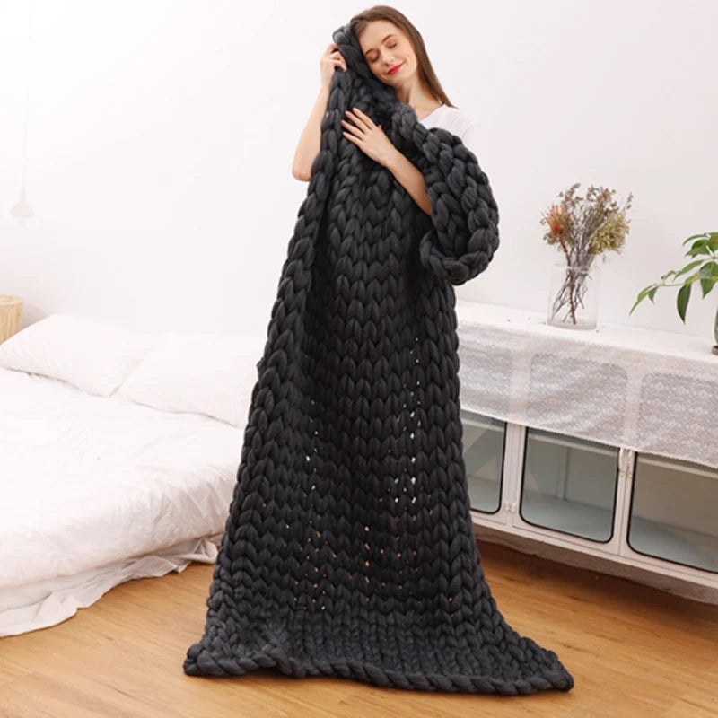 Chunky Knit Merino Wool Blanket – Cozy Boho Home Decor Throw for Sofa & Bed