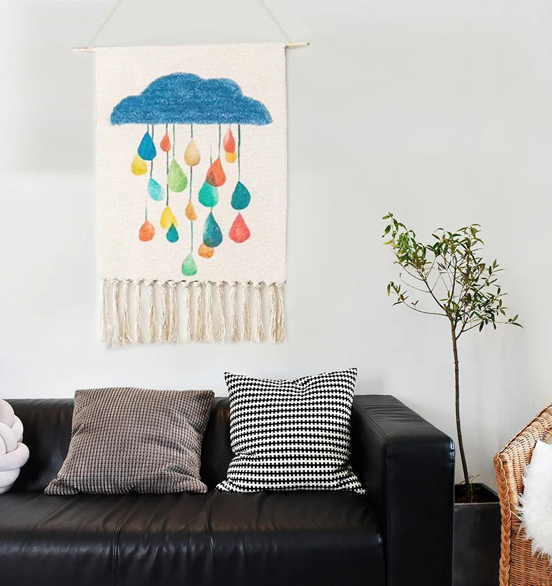 Boho Geometric Canvas Wall Tapestry – Handmade Cotton Macrame with Tassels