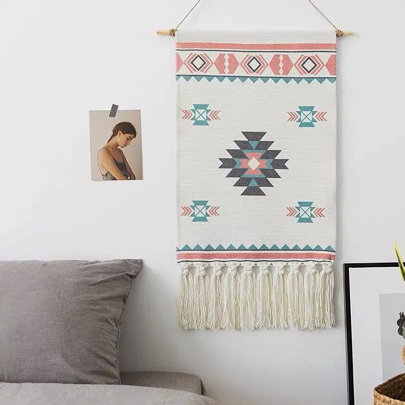Boho Geometric Canvas Wall Tapestry – Handmade Cotton Macrame with Tassels