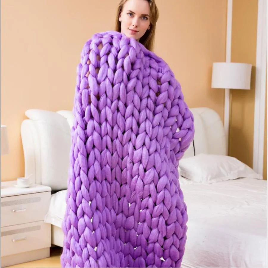 Chunky Knit Merino Wool Blanket – Cozy Boho Home Decor Throw for Sofa & Bed