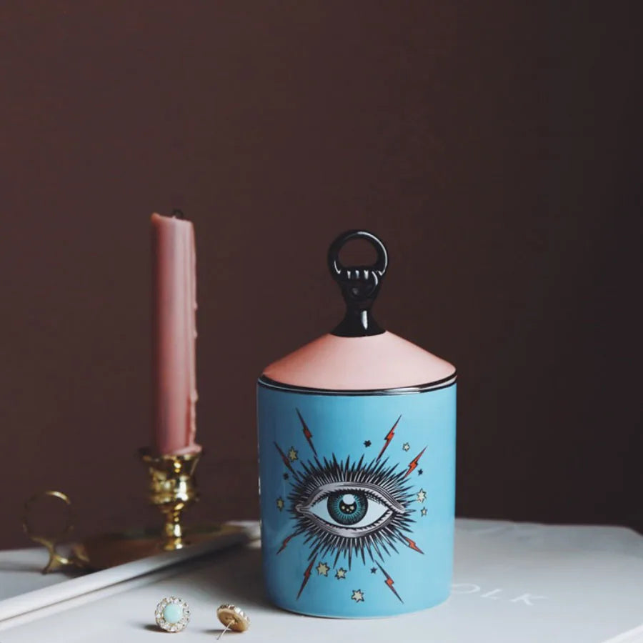 Big Eye Ceramic Candle Jar – Handmade Candle Holder with Lid for Boho Home Decor