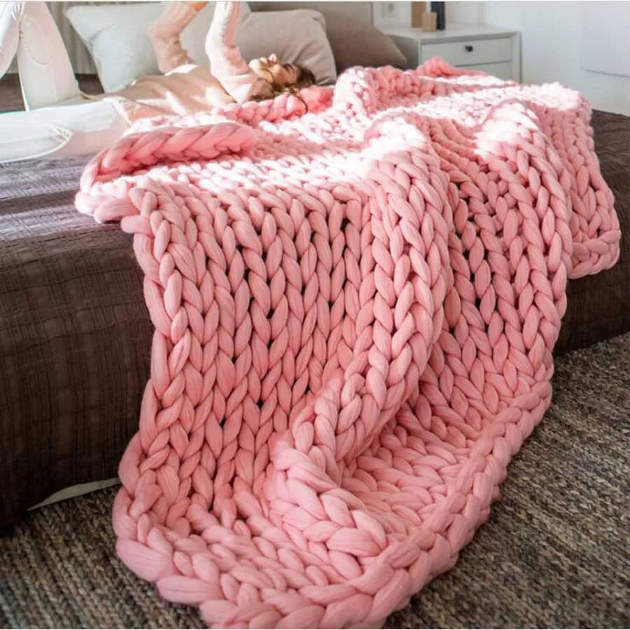 Chunky Knit Merino Wool Blanket – Cozy Boho Home Decor Throw for Sofa & Bed