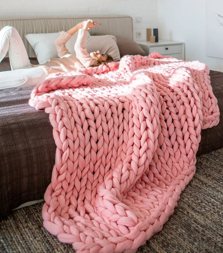 Chunky Knit Merino Wool Blanket – Cozy Boho Home Decor Throw for Sofa & Bed
