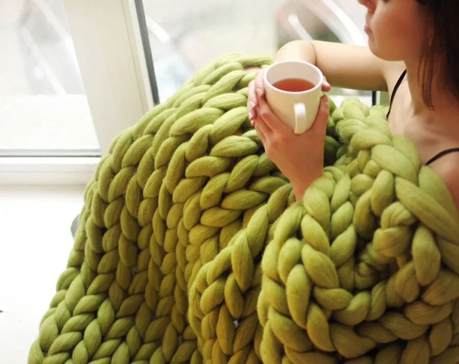 Chunky Knit Merino Wool Blanket – Cozy Boho Home Decor Throw for Sofa & Bed