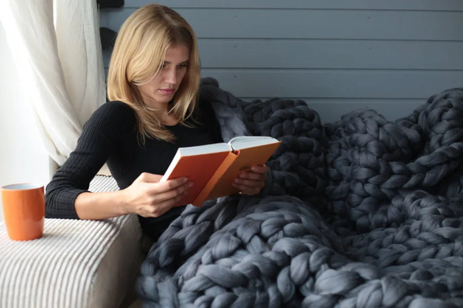 Chunky Knit Merino Wool Blanket – Cozy Boho Home Decor Throw for Sofa & Bed