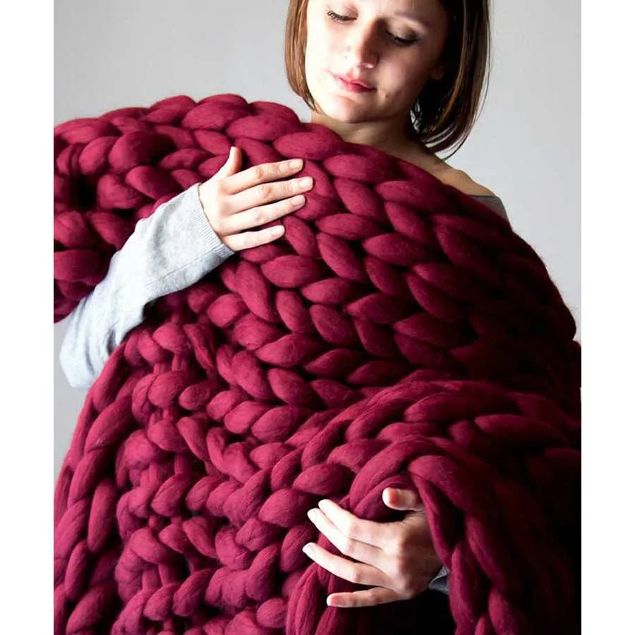 Chunky Knit Merino Wool Blanket – Cozy Boho Home Decor Throw for Sofa & Bed