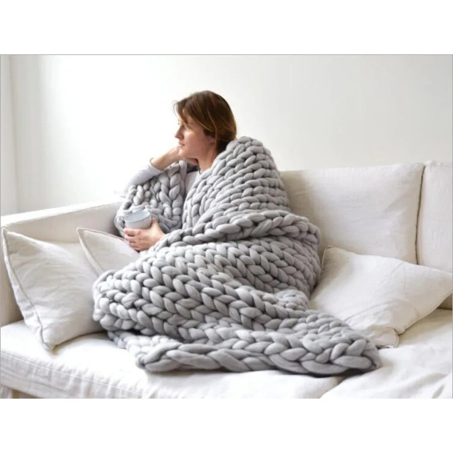 Chunky Knit Merino Wool Blanket – Cozy Boho Home Decor Throw for Sofa & Bed