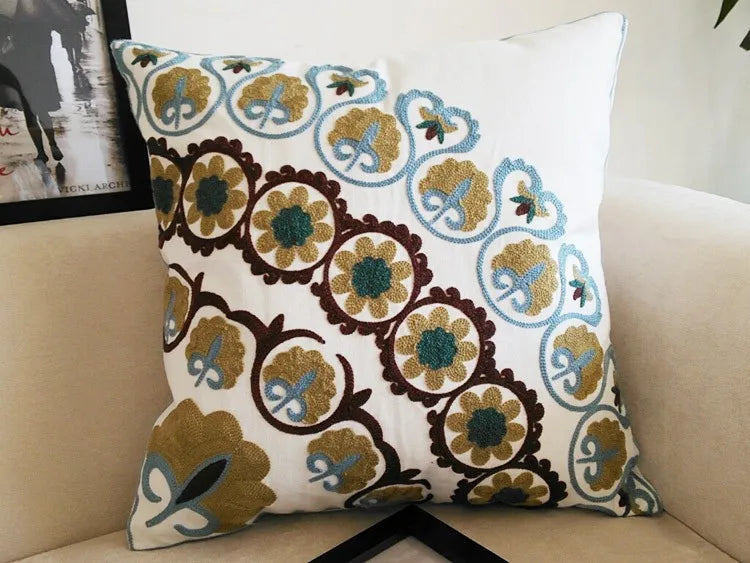 Boho Embroidered Throw Pillow Cover – Geometric Decorative Cushion