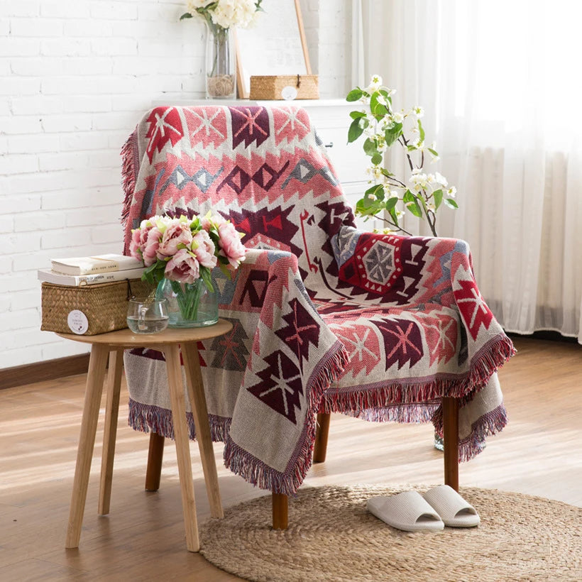 Boho Chenille Woven Colorful Aztec Throw Blanket