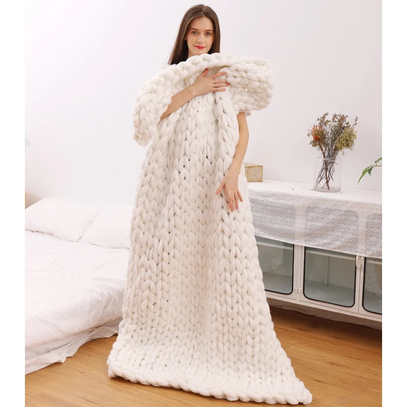 Chunky Knit Merino Wool Blanket – Cozy Boho Home Decor Throw for Sofa & Bed