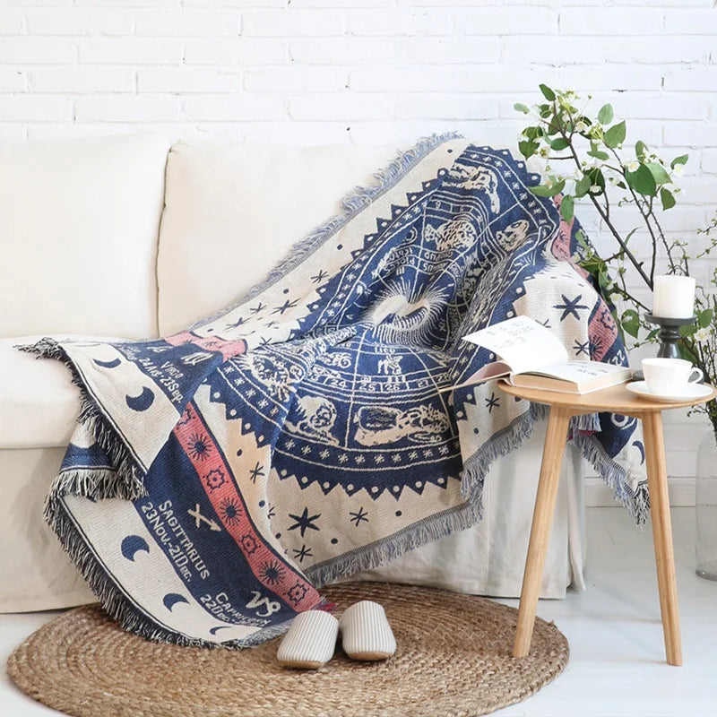Boho Chenille Woven Colorful Aztec Throw Blanket Zodiac
