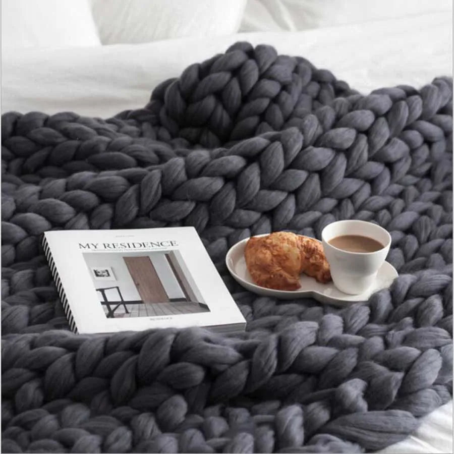 Chunky Knit Merino Wool Blanket – Cozy Boho Home Decor Throw for Sofa & Bed