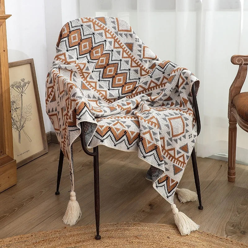 Geometric Boho Knit Throw Blanket With Tassels