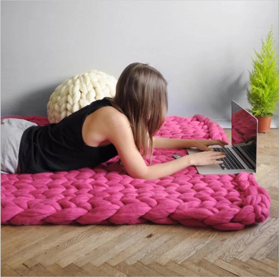 Chunky Knit Merino Wool Blanket – Cozy Boho Home Decor Throw for Sofa & Bed