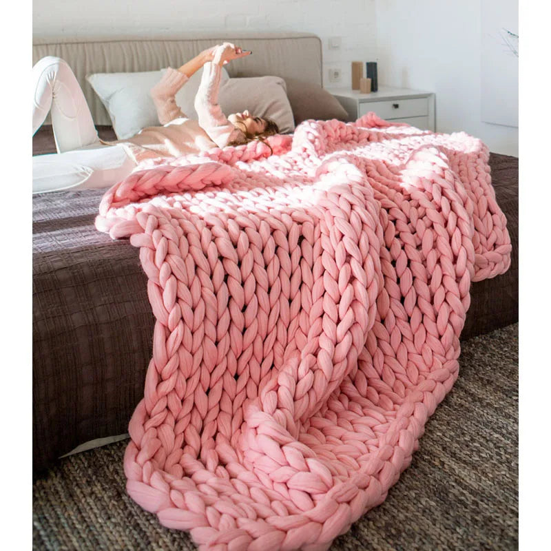 Chunky Knit Merino Wool Blanket – Cozy Boho Home Decor Throw for Sofa & Bed