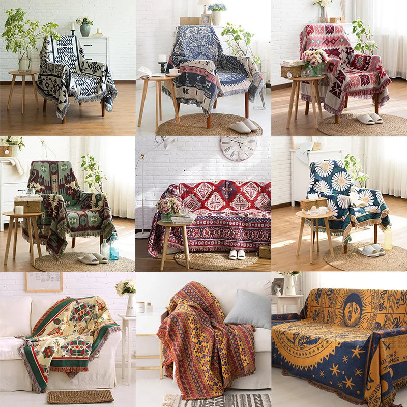 Boho Chenille Woven Colorful Aztec Throw Blankets