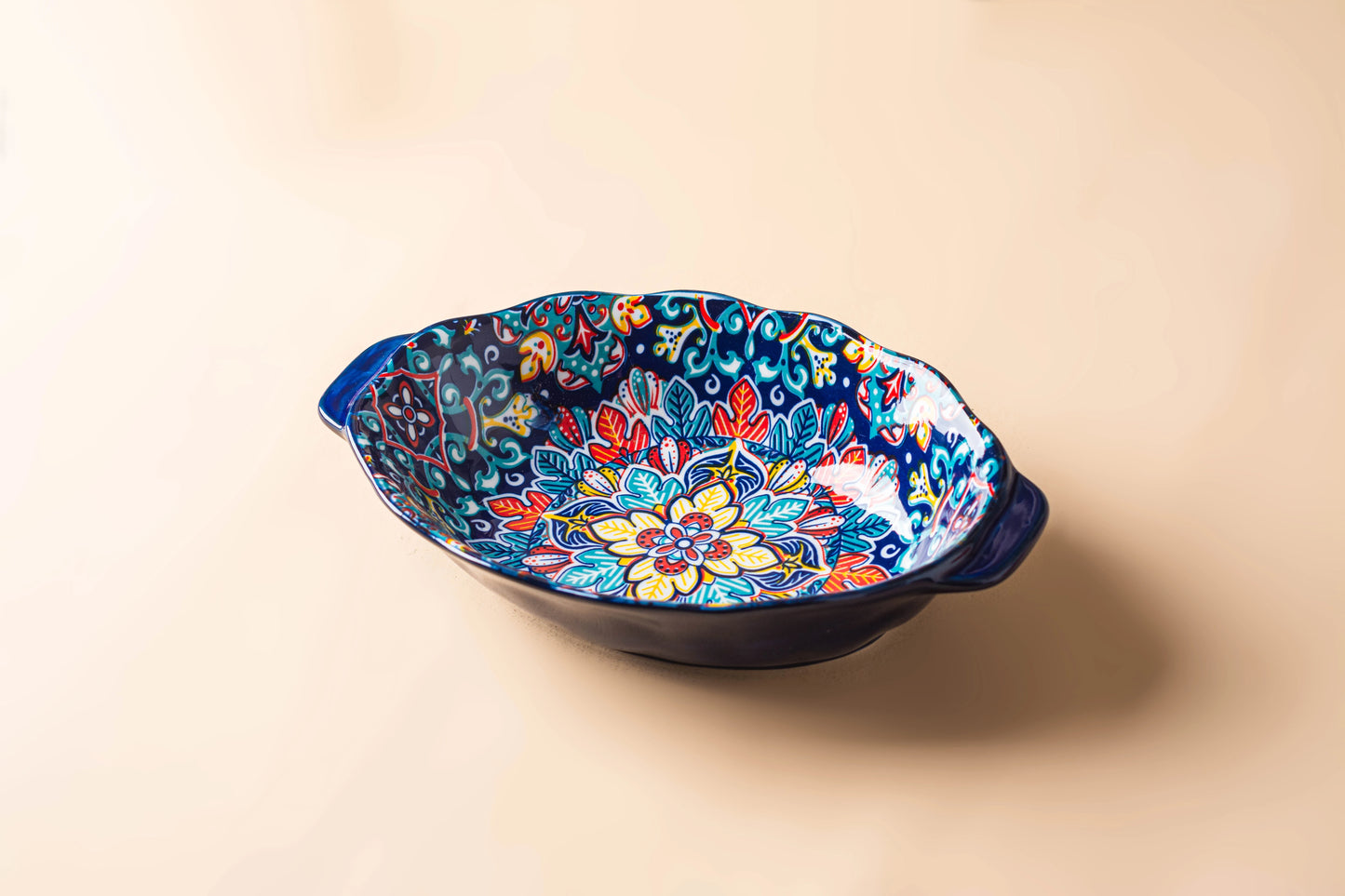 Bohemian Egg-Shaped Ceramic Baking Plate – 9" Colorful Oval Pasta, Salad & Fruit Dish