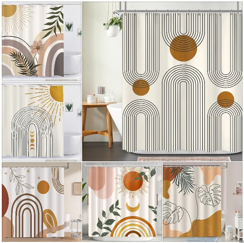 Abstract Bohemian Shower Curtain Arch Sun Moon Phases Boho Leaf Modern Minimalist aesthetic line geometric decorative Bathroom Home Decor Cat Leaves Mountains Outdoors