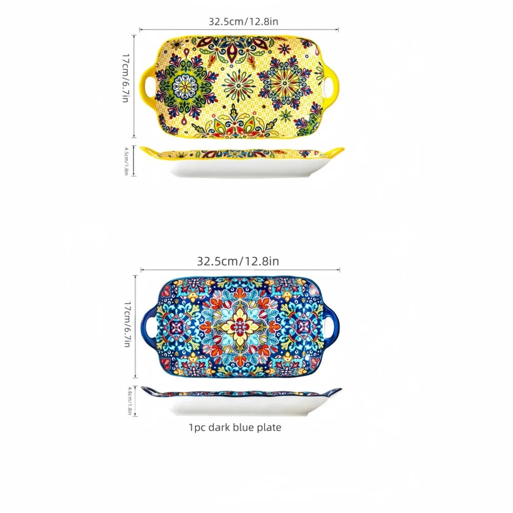 Boho Ceramic Fish Dish with Handle – Rectangular Serving Tray for Oven & Microwave