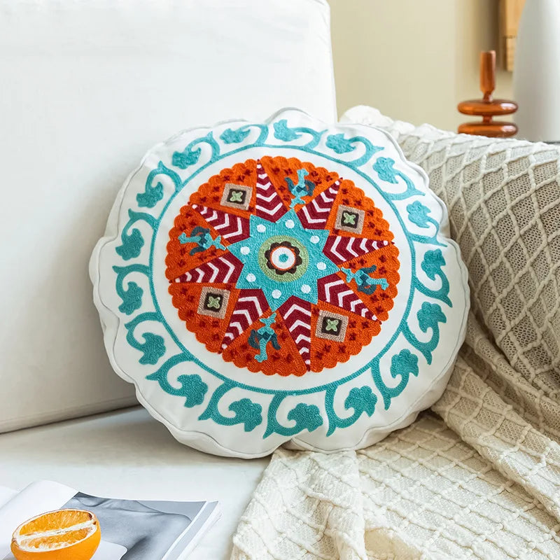 Boho Mandala Round Cushion Cover – Moroccan-Inspired Embroidered Throw Pillow Case for Boho Home Decor