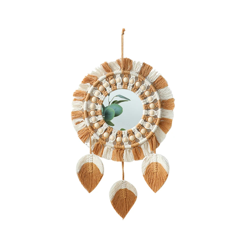 Boho Leaf Macrame Wall Mirror – Round Decorative Mirror with Fringe for Boho Home Decor