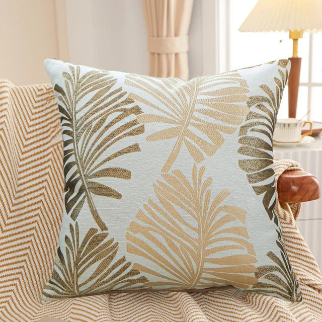 Beige Bay Leaf Cushion Cover – Square Decorative Throw Pillow Case for Boho Home Decor