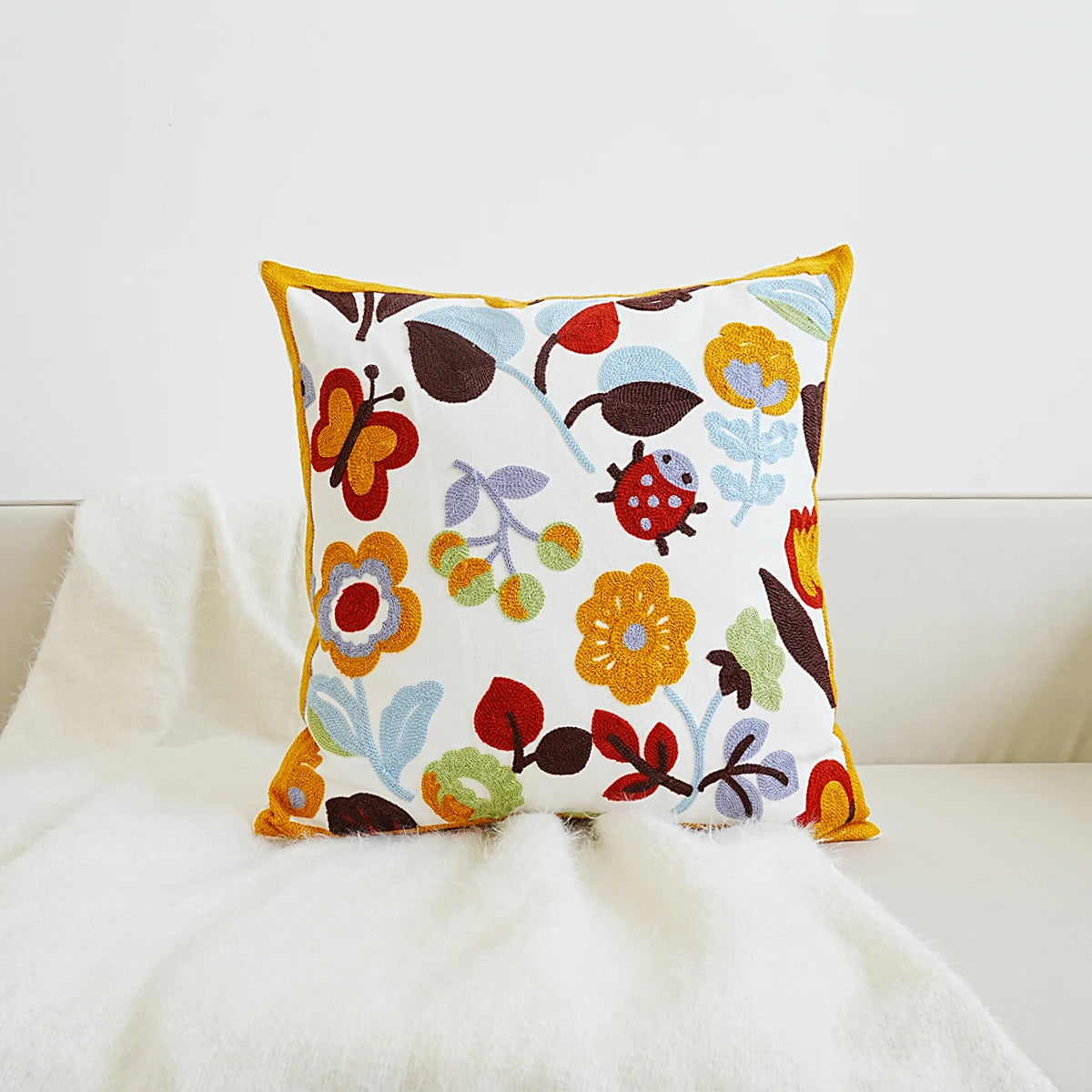 Flowers and Ladybug and Butterfly Embroidery on Boho Home Decor Floral Embroidered Pillow Cover – Square Decorative Cushion Case for Sofa & Home