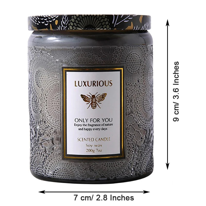 Scented candle with decorative label and dimensions indicated