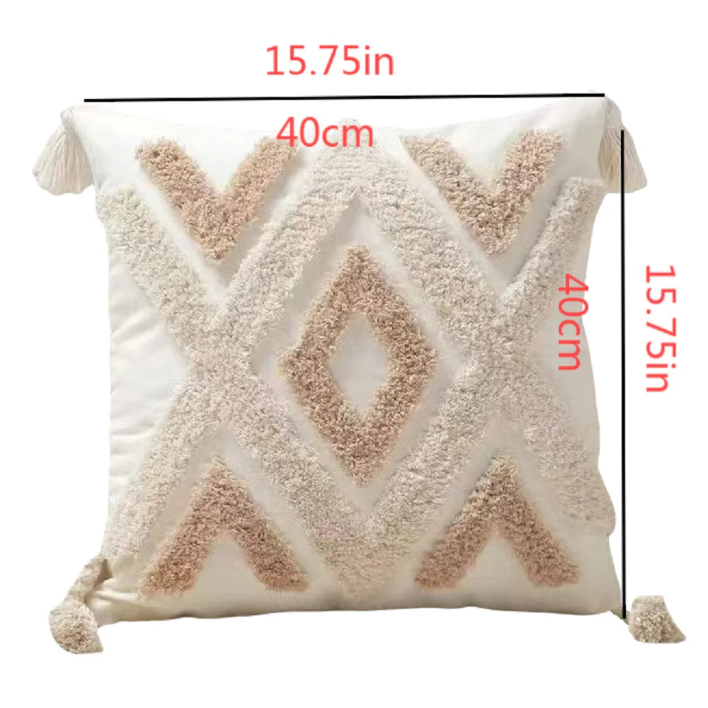 Decorative pillow with geometric pattern and measurements on a white background Nordic Bohemian geometric plush pillow cover with embroidered design and tassels, perfect for boho home decor on sofa, bed, or accent chair β cozy neutral cushion cover for living room or bedroom style