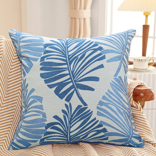 Blue Bay Leaf Cushion Cover – Square Decorative Throw Pillow Case for Boho Home Decor