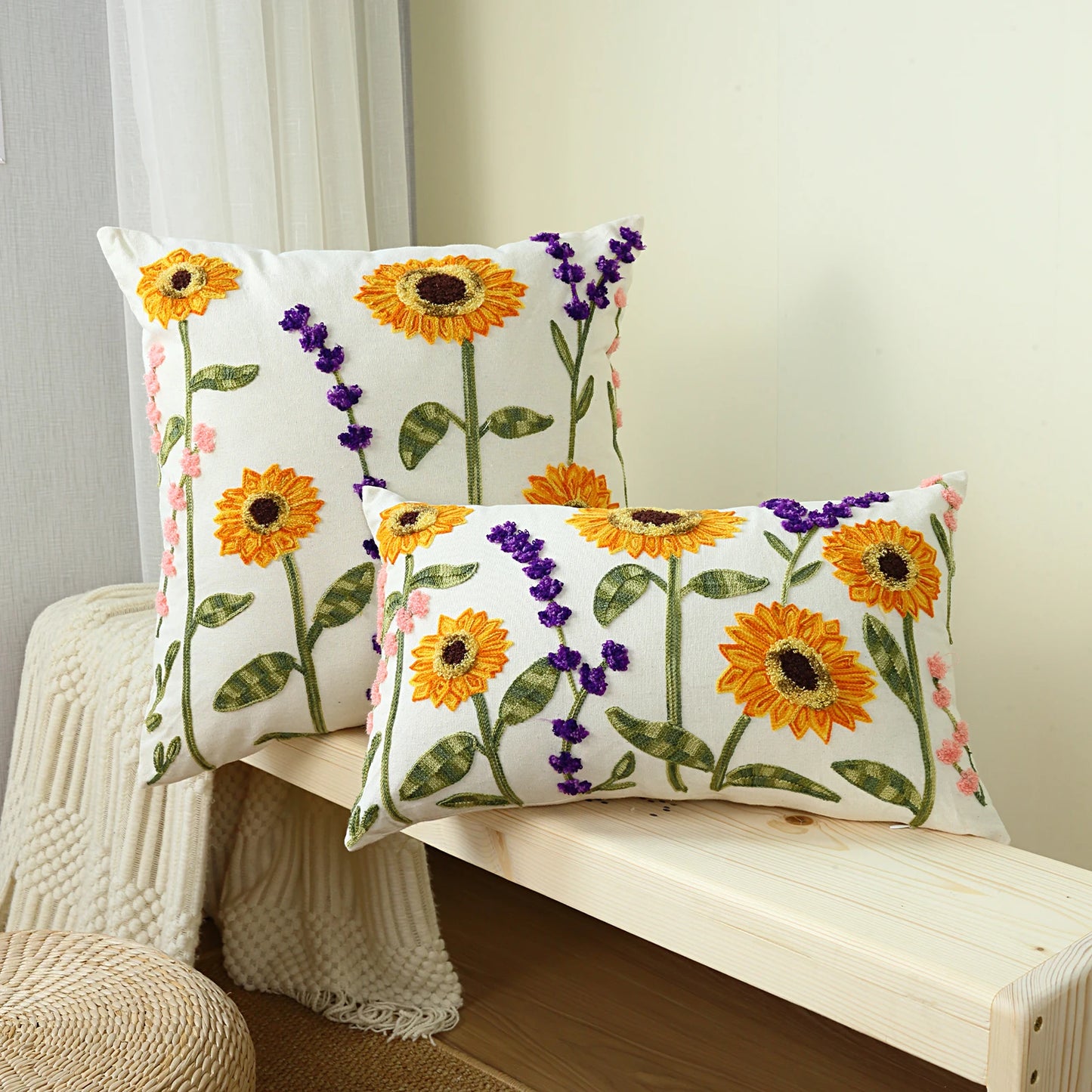 Sunflower & Lavender Embroidered Boho Throw Pillow Cover