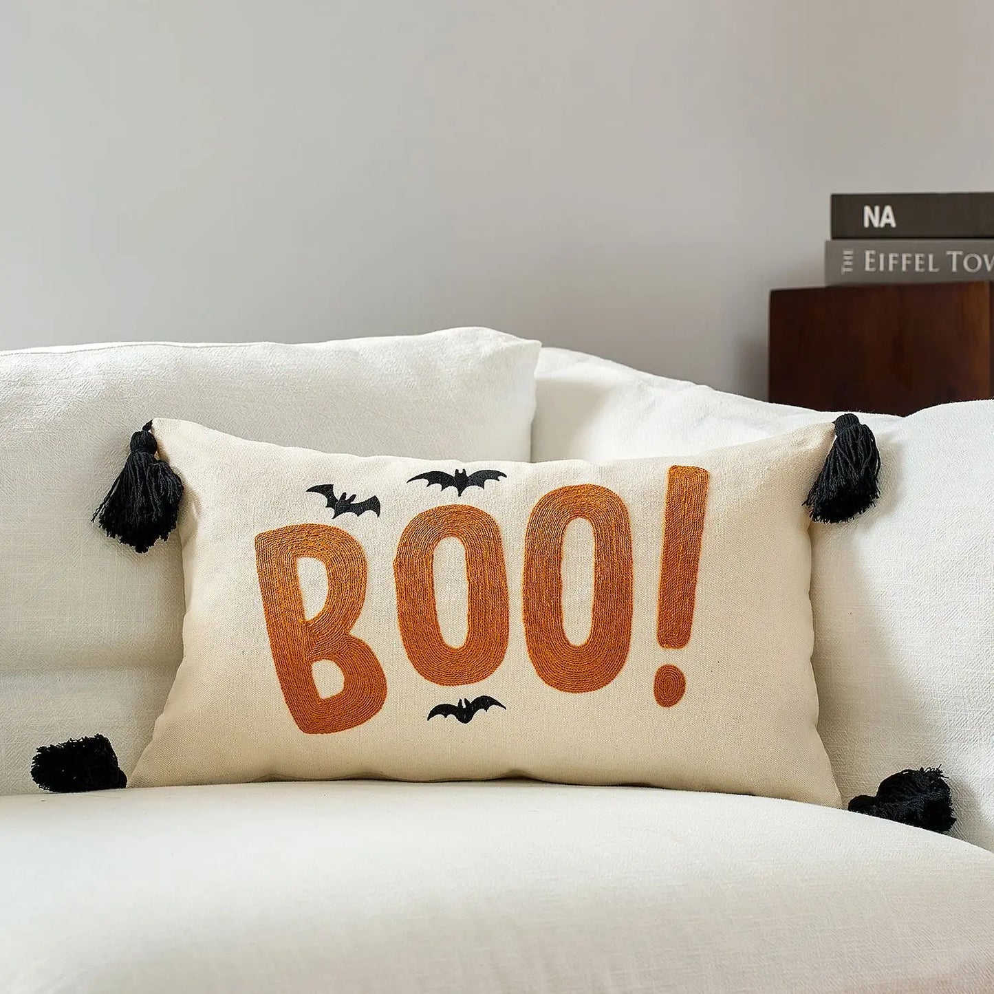 Boo! Halloween maple pumpkin throw pillow cover with festive lettering, autumn-themed decorative cushion for sofa, bed, and seasonal home decor