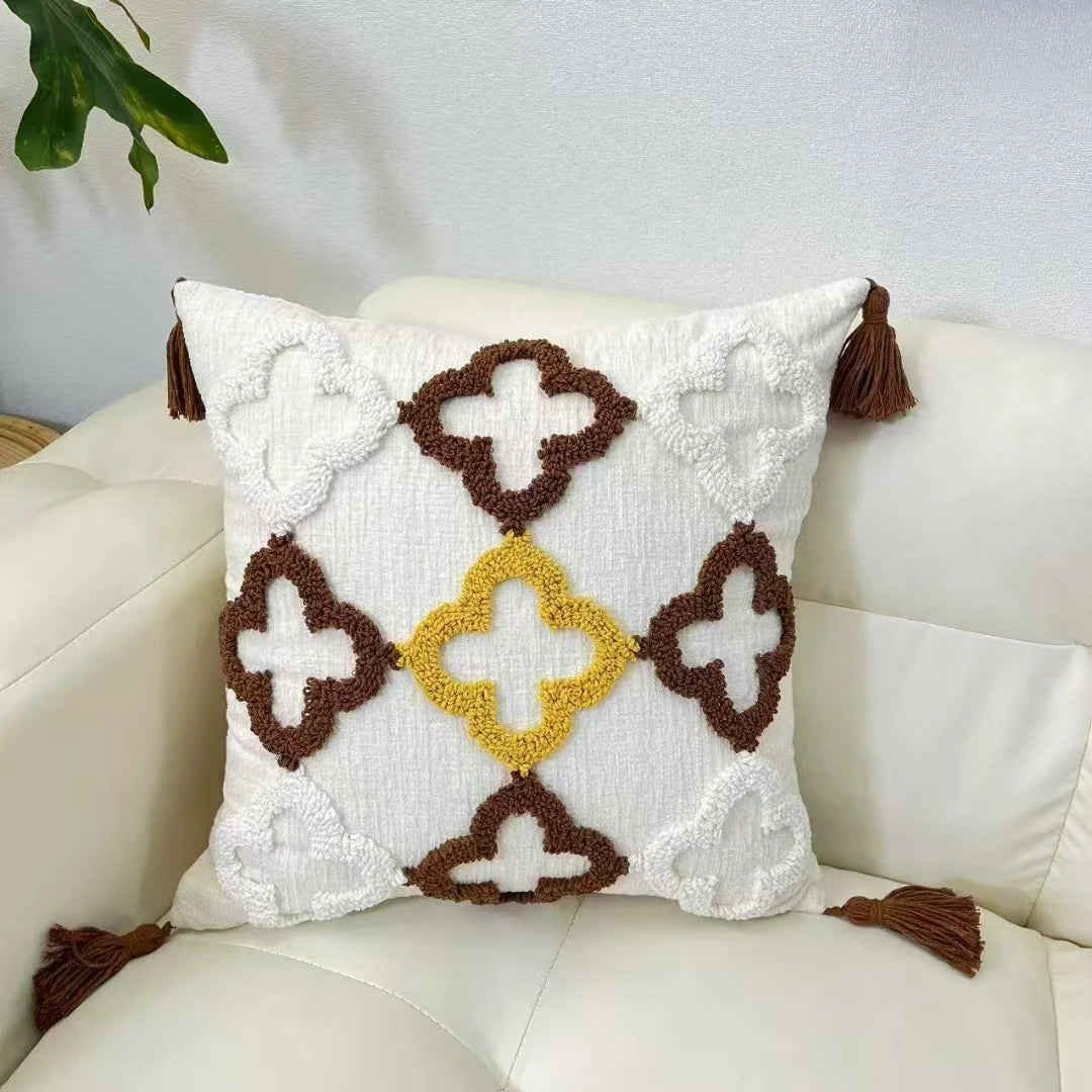 Decorative pillow with geometric pattern on a white couch boho home decor, housewarming gift, chenille pillow cover, geometric cushion case, Nordic pillowcase, velvet throw pillow, sofa cushion, bedroom pillow cover, modern jacquard cushion, decorative car pillow, textured home decor, looped velvet pillow