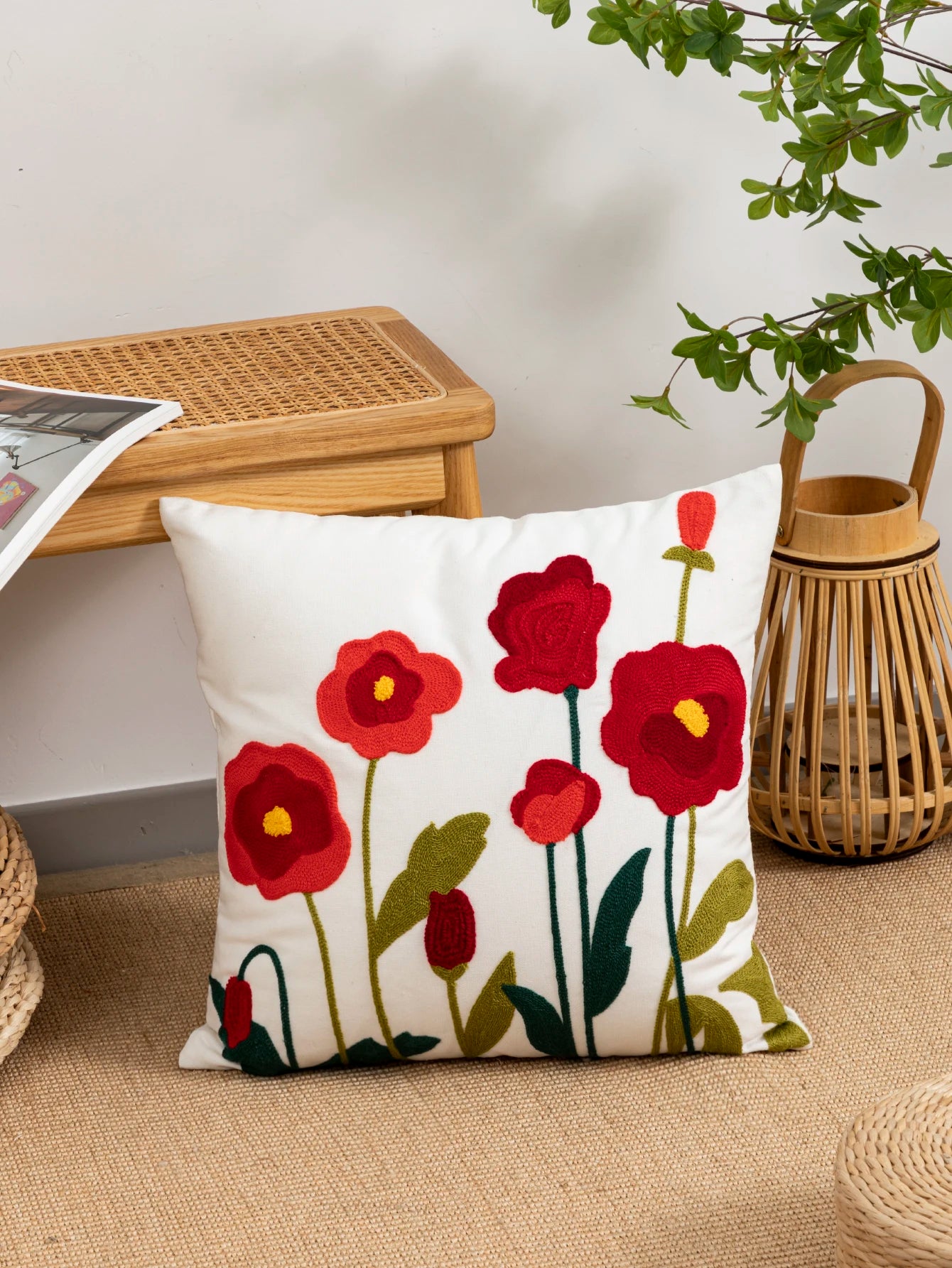 Poppy Flower Pillow Cover – Cotton Sail Fabric Cushion Cover | Modern Boho Home Decor | Housewarming Gift