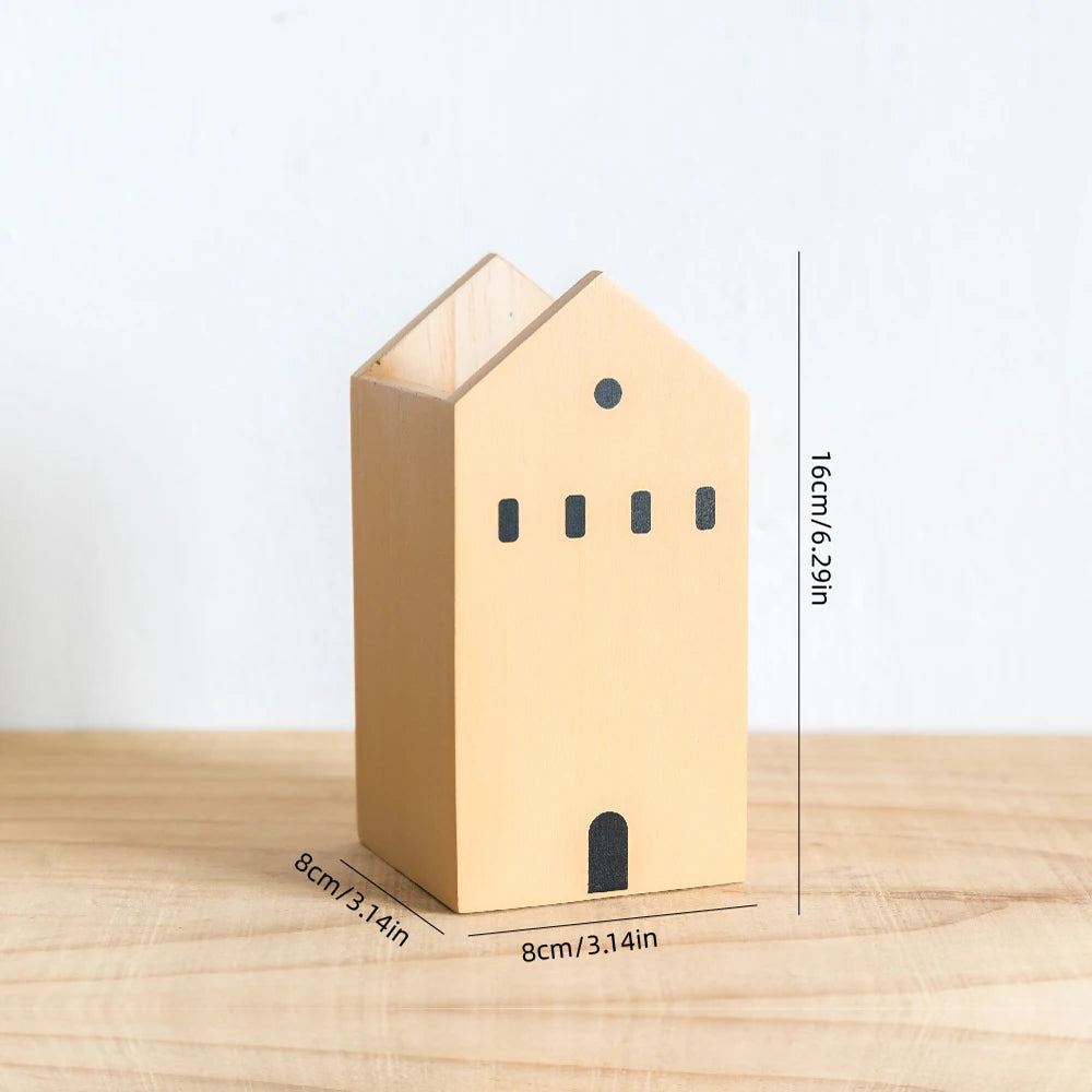 🏡 Boho Wooden Cartoon House Pen Holder – Handcrafted Desk Organizer for Office, Makeup & Home Decor