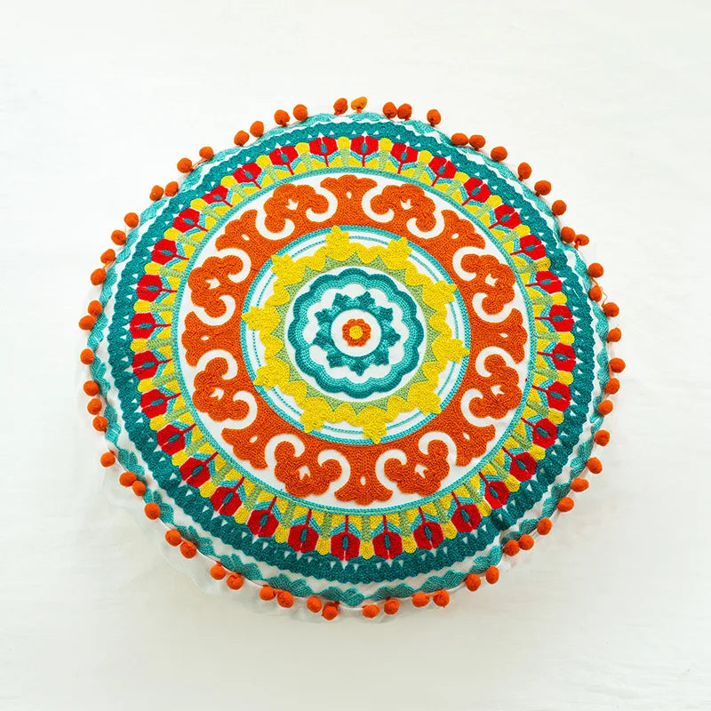 Boho Mandala Round Cushion Cover – Moroccan-Inspired Embroidered Throw Pillow Case for Boho Home Decor