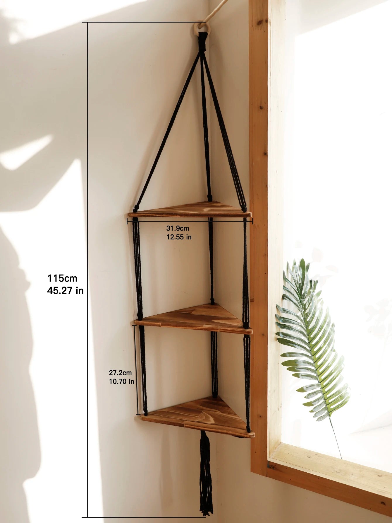 Boho Macrame Hanging Wooden Shelf – Handcrafted Floating Wall Shelf for Home Decor