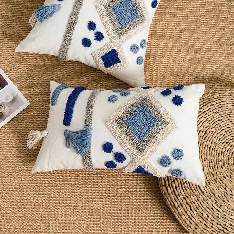 Boho Loop Tufted Cushion Cover – Handmade Cotton Canvas Pillow with Tassels & Embroidery