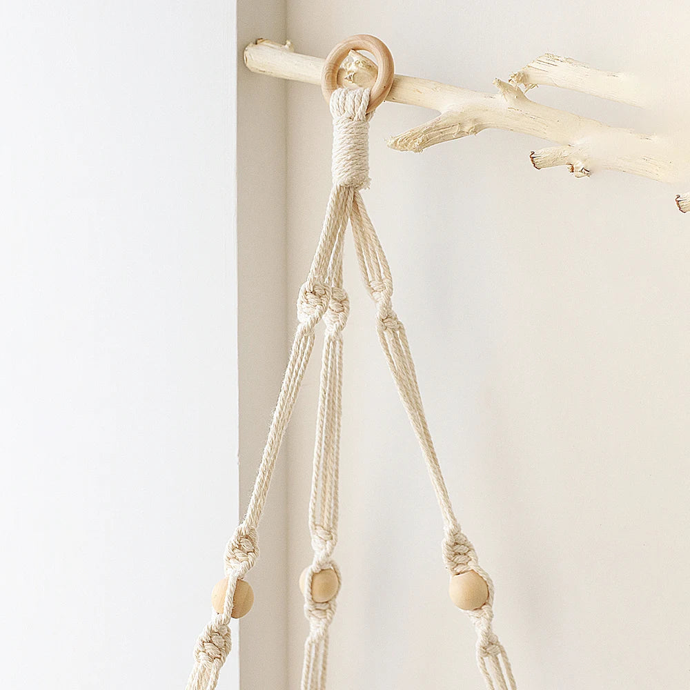 Boho Macrame Hanging Wooden Shelf – Handcrafted Floating Wall Shelf for Home Decor