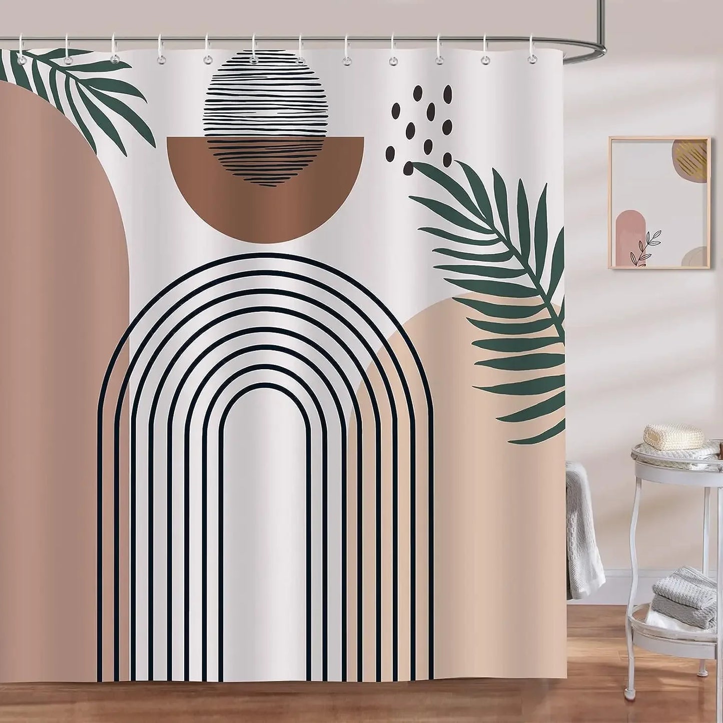 Abstract Bohemian Shower Curtain Arch Sun Moon Phases Boho Leaf Modern Minimalist aesthetic line geometric decorative Bathroom Home Decor Cat Leaves Mountains Outdoors