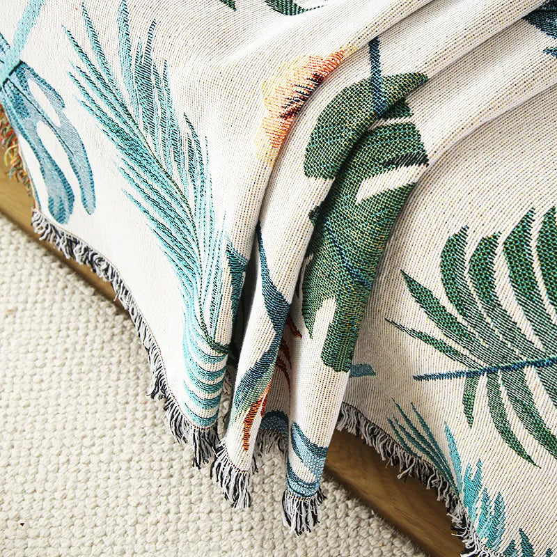 Boho Tassel Throw Blanket Leaves