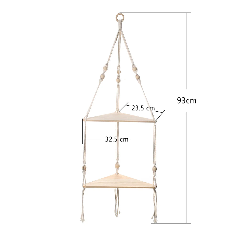 Boho Macrame Hanging Wooden Shelf – Handcrafted Floating Wall Shelf for Home Decor