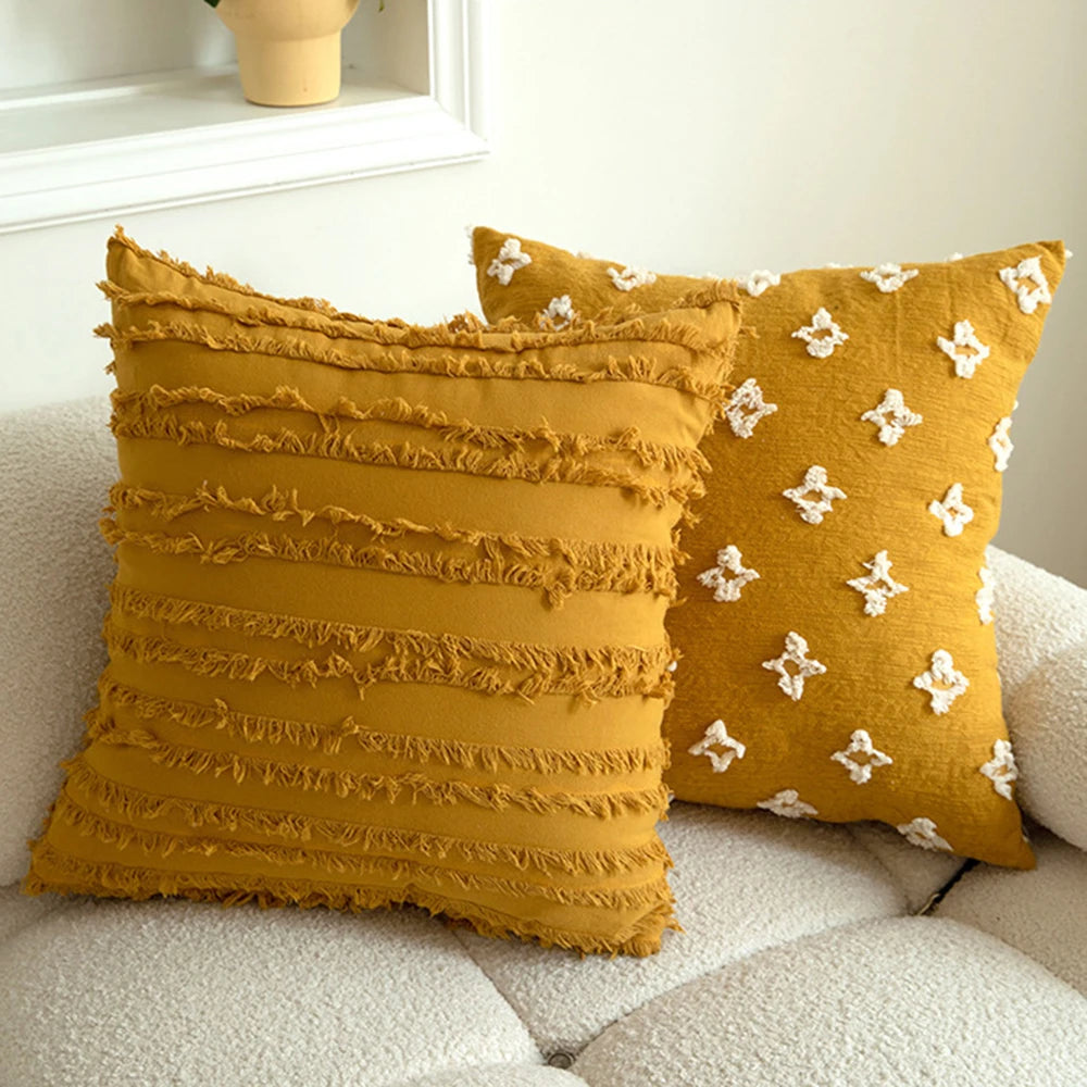 Boho Embroidered Throw Pillowcase – Cushion Cover with Tassels & Geometric Design