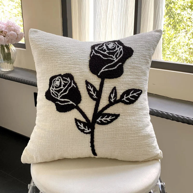 Black Rose Embroidered Cushion Cover β Nordic Chenille Pillowcase for Elegant Living Room Decor